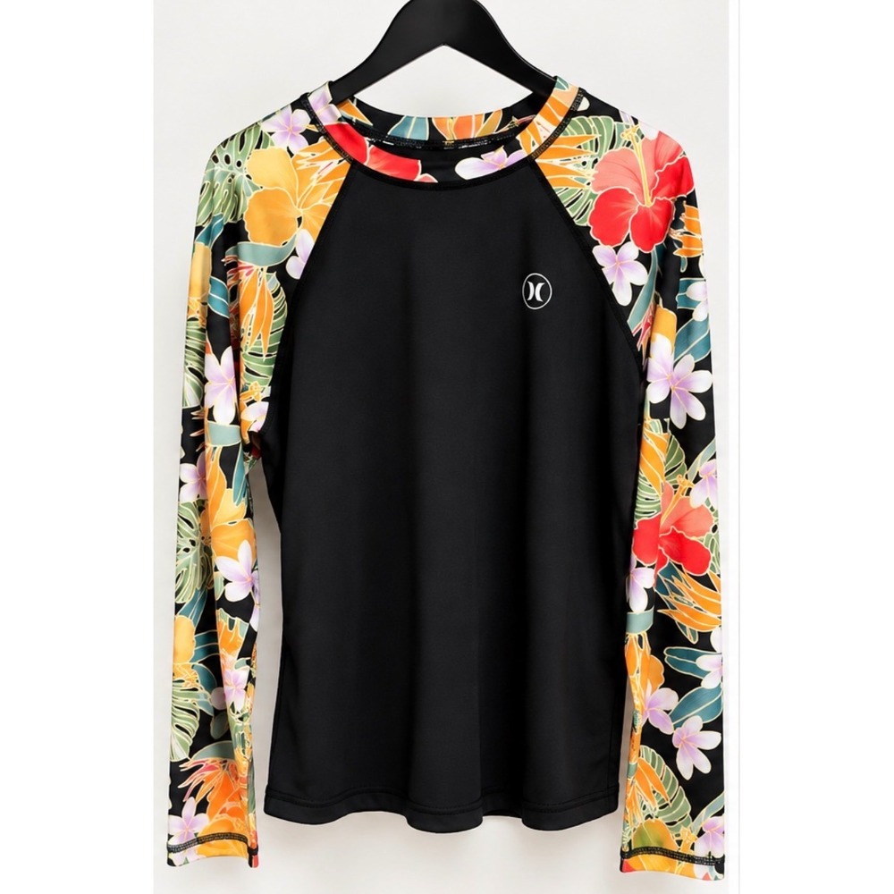 Hurley Womens XL Rash Guard Long Sleeve UPF 50+ Black Tropical Floral Swim Top